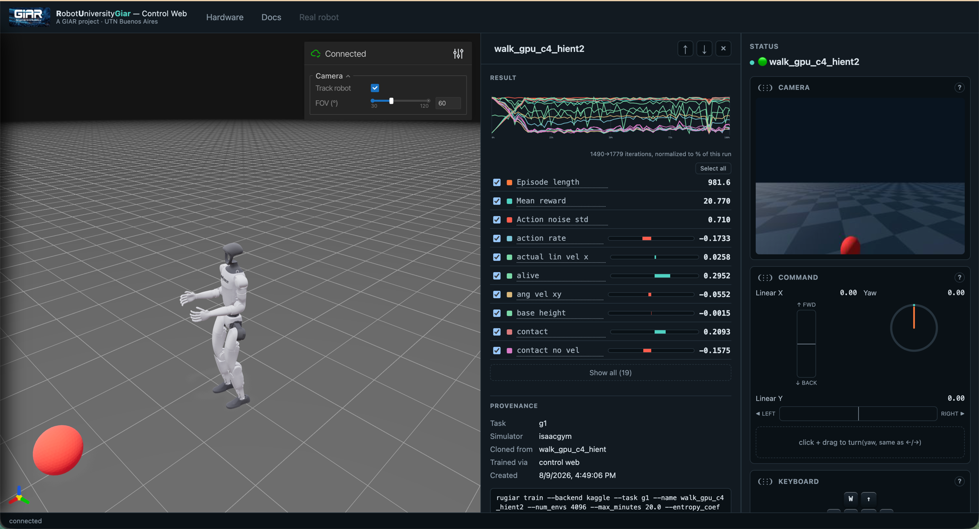 RobotUniversityGiar control web: a G1 humanoid walking live in the Genesis simulator on the left, a camera preview and command/keyboard panels on the right, and the info popup for policy walk_gpu_c4_hient2 open in the middle — a reward-term chart, a PROVENANCE block (task g1, simulator isaacgym, cloned from walk_gpu_c4_hient, trained via control web), and the exact rugiar train command that produced it.