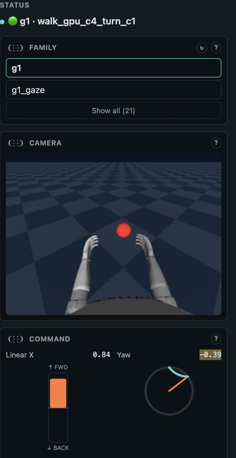 Command, Camera, and Family panels from the control web during an active walking+turning session: Family shows task g1 selected next to g1_target, Camera shows a robot-POV view of a red ball prop on a checkered floor with two raised hands, and Command shows Linear X 0.84 (FWD slider raised) and Yaw -0.39 on a turn dial, live values from the exact same set_command channel a custom client would drive.