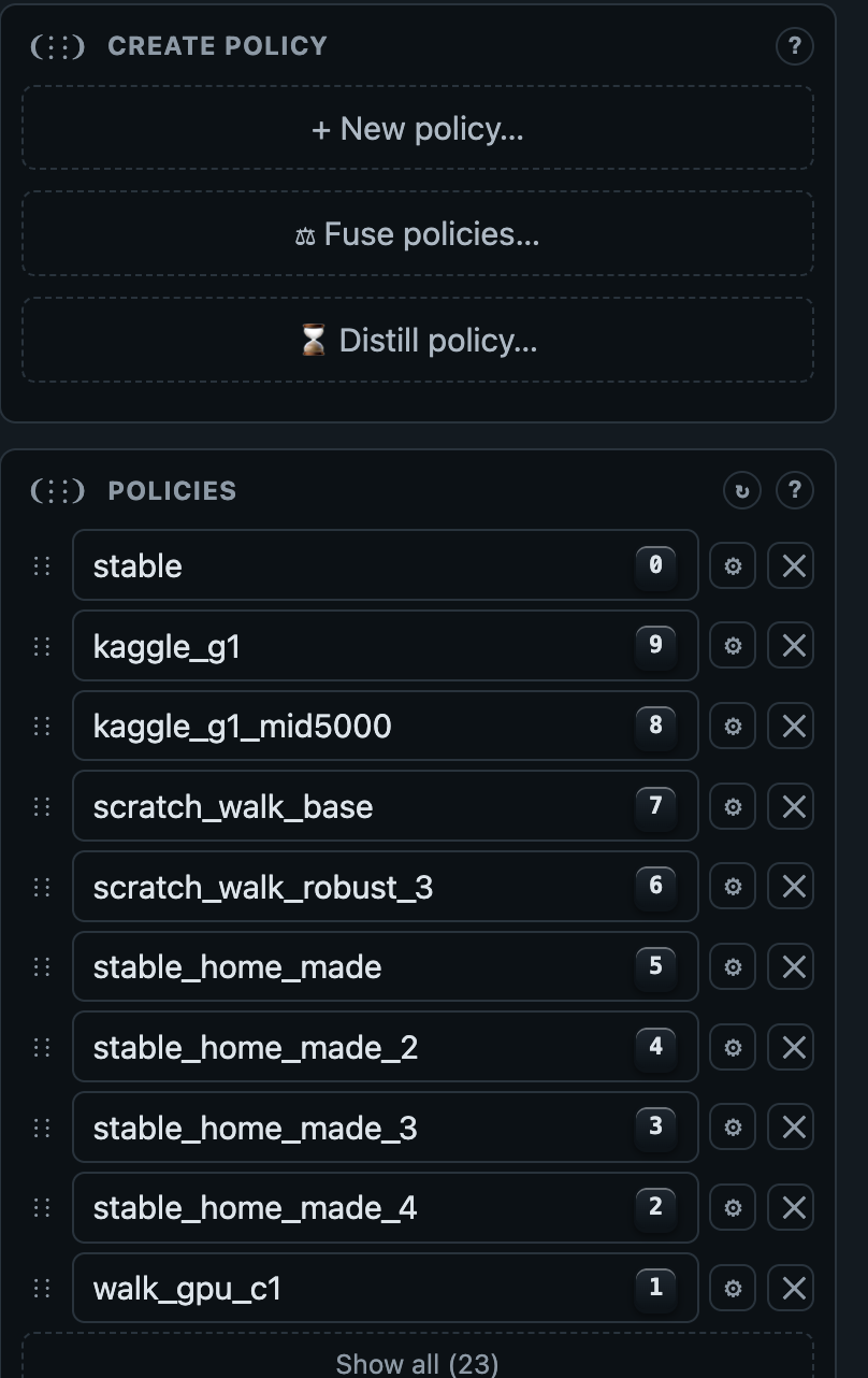 Create Policy panel with New policy, Fuse policies, and Distill policy buttons, above a Policies list of local trained policies with numeric keyboard shortcuts.