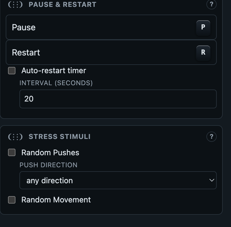 Pause and Restart panel (Pause and Restart buttons, keyboard shortcuts P/R, an optional auto-restart timer) and Stress Stimuli panel (Random Pushes with a push-direction dropdown, Random Movement) from the control web.